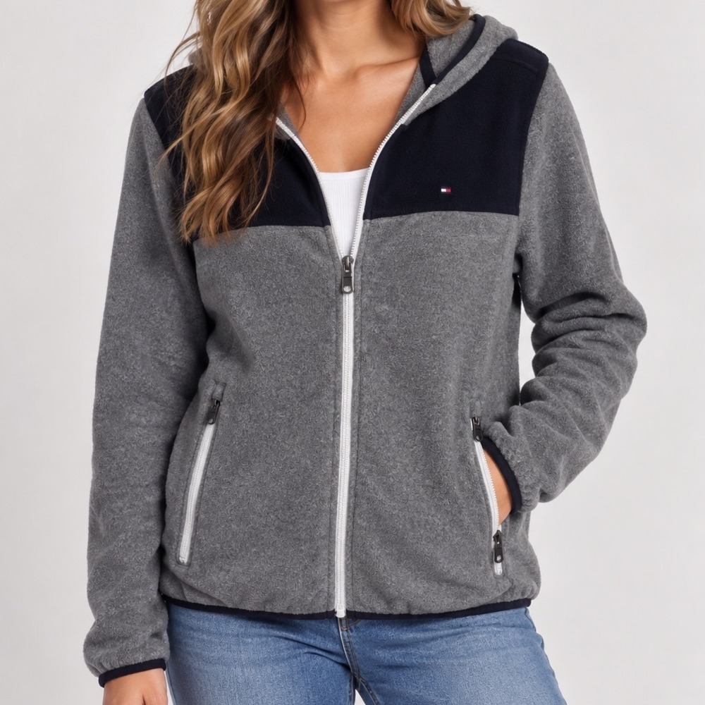 Tommy Hilfiger Women Small Fleece Jacket Full Zip Hooded Gray Navy Spellout Logo
